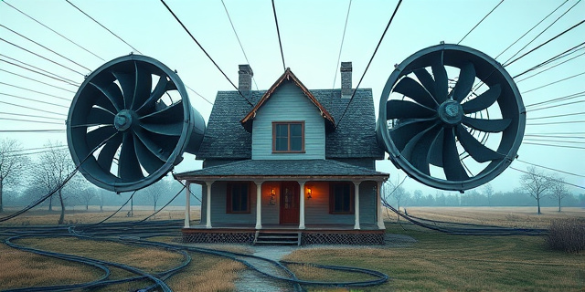 Una ilustración conceptual y surrealista donde una casa de campo tradicional y acogedora es abrazada por cables gigantes y ventiladores industriales masivos que emiten ondas sonoras visibles y agresivas. El contraste entre la paz del hogar y el ruido industrial, estilo arte digital editorial, colores fríos para la tecnología y cálidos para la casa.