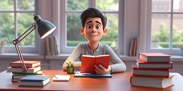 Una persona sentada en una mesa, con una libreta y un bolígrafo, rodeada de libros y con una expresión de concentración en su rostro. La mesa está iluminada por una lámpara de escritorio y hay una ventana detrás de la persona con una vista a un jardín.