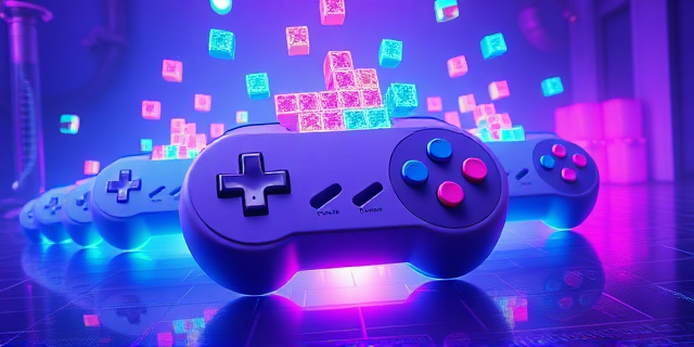 Una ilustración surrealista que combine un mando de videojuegos clásico con elementos de física cuántica. El mando se fragmenta en múltiples versiones de sí mismo en un espacio liminal, con piezas de Tetris flotando en estados semitransparentes y neones cian y violeta. Estilo arte digital conceptual, atmósfera de laboratorio futurista pero caótica.