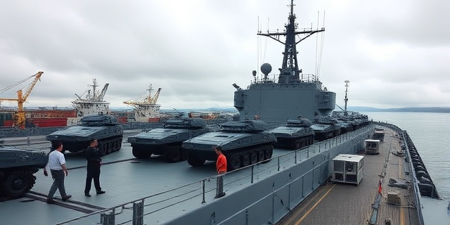 Una imagen de un buque de carga con vehículos blindados en la cubierta, rodeado de personal militar y civiles, con un fondo de un puerto y un cielo nuboso.