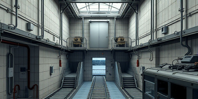 Un edificio industrial en Ceuta con una puerta oculta detrás de un refrigerador, túneles subterráneos de varios niveles, rieles y maquinaria de carga, bajo una zona militar con patrullas discretas.