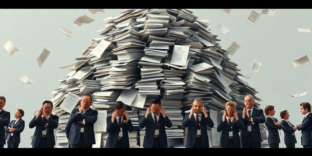 Una torre de expedientes y papeleo que amenaza con derrumbarse sobre un grupo de funcionarios exhaustos. Colores apagados y contrastes fuertes para transmitir la sensación de agobio y burocracia. Estilo realista, casi fotográfico, pero con un toque de dramatismo.