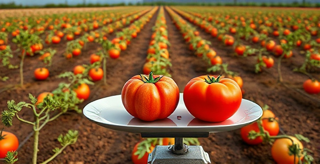 Imagen de un campo de cultivo de tomates en Canarias con una gran sequía y degradación del suelo al fondo, y una balanza desequilibrada con un tomate canario en un plato y un tomate importado en el otro
