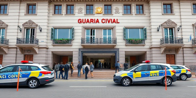Una imagen de un edificio de la Audiencia Nacional con una gran cantidad de personas entrando y saliendo, mientras que en el fondo se ven varios coches de la Guardia Civil