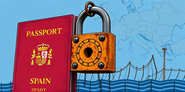 Una ilustración conceptual y satírica que muestra un pasaporte europeo gigante siendo cerrado con un candado oxidado y pesado. De fondo, un mapa estilizado del Mediterráneo que conecta España e Italia, con vallas invisibles emergiendo del mar. Estilo editorial de periódico moderno, colores sobrios con contrastes fuertes, sin rostros humanos.