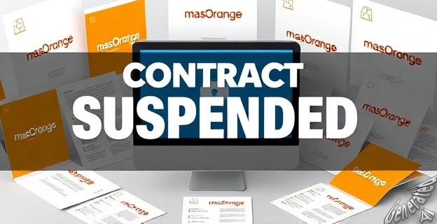 Un gráfico de un ordenador con una pantalla de bloqueo, rodeado de documentos y papeles con el logotipo de MasOrange y Telefónica, con un gran titular que dice 'Contrato Suspendido'.