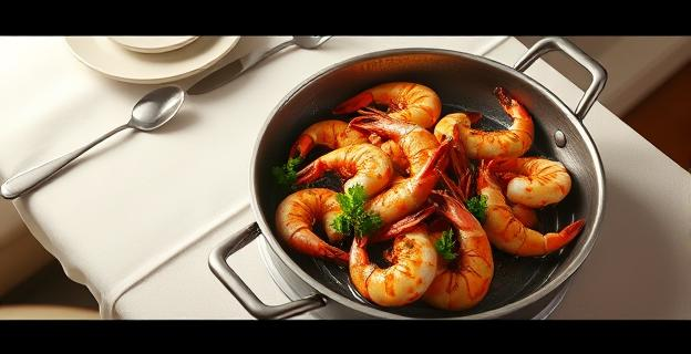 Imagen de una sartén con gambas al ajillo, ajo, guindilla y perejil sobre una mesa con mantel blanco y cubiertos