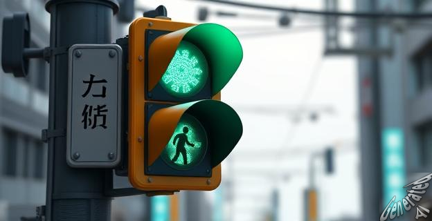 Un semáforo en una calle japonesa con una luz verde azulada y un cartel que dice 'ao shingō'