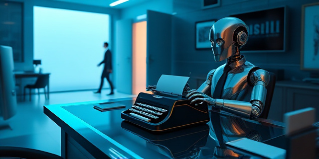 Una ilustración conceptual y satírica. Un escritorio de oficina lujoso donde un robot metálico con una corbata está escribiendo en una máquina de escribir antigua, mientras que en el fondo, una silueta humana borrosa es expulsada por una puerta abierta. El ambiente es frío, con tonos azules corporativos y luces de neón, estilo arte digital moderno y cínico.