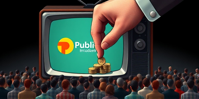 Una ilustración conceptual y satírica. Un televisor antiguo y gigante con el logotipo de una cadena pública, donde de la pantalla sale una mano gigante que saca monedas de los bolsillos de una multitud de personas pequeñas y comunes. Estilo editorial de periódico, colores sobrios con contrastes fuertes, atmósfera de ironía social.