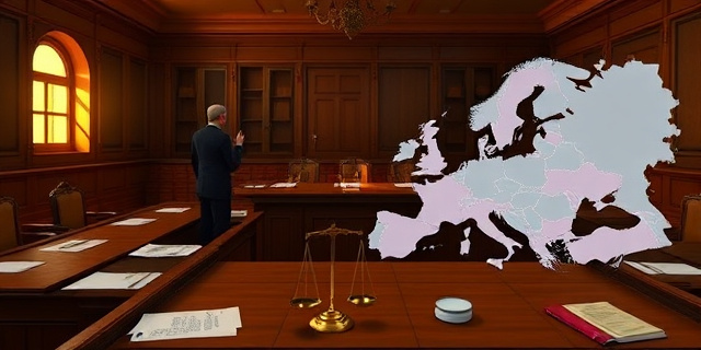 Ilustración estilizada de dos edificios gubernamentales con velos de texto legal y flechas cruzadas, simbolizando un conflicto jurídico internacional, tonos neutros y contrastes fuertes, sin rostros ni nombres explícitos