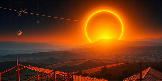 Una ilustración conceptual y surrealista que combine un sol eclipsado en forma de anillo dorado sobre un paisaje rural español, con una lluvia de estrellas fugaces brillantes cruzando un cielo nocturno profundo y un planeta Venus resplandeciente en el horizonte. Estilo artístico digital, colores contrastados entre el naranja del atardecer y el azul eléctrico del espacio.