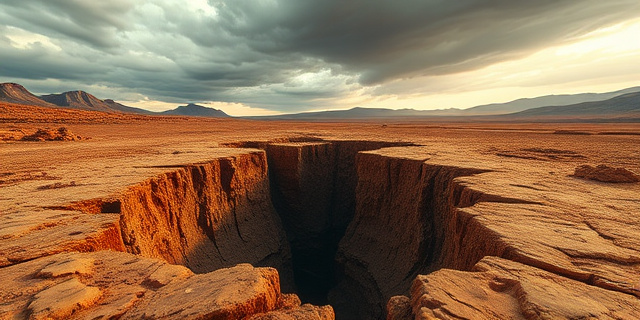 Una grieta profunda en el suelo de un valle rocoso. La luz del sol ilumina el interior de la grieta, revelando una textura compleja y abstracta. El paisaje circundante es árido y desolado, con tonos ocres y marrones. Un cielo tormentoso y dramático completa la imagen, sugiriendo tensión y cambio. Estilo artístico: expresionismo abstracto.