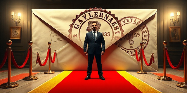 Una ilustración conceptual y satírica. Un sobre de correo antiguo y gigante que sirve como alfombra roja para una figura anónima de traje. Al fondo, un sello postal gigante que actúa como sello de aprobación oficial. Estilo editorial de revista, colores sobrios con toques de rojo y amarillo, iluminación dramática de oficina gubernamental.