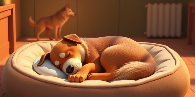 Un perro en su cama de mascotas, girando antes de dormir, con sombras de un lobo en el fondo, ambiente cálido y acogedor, estilo ilustración realista, sin texto ni caras de personas reales.