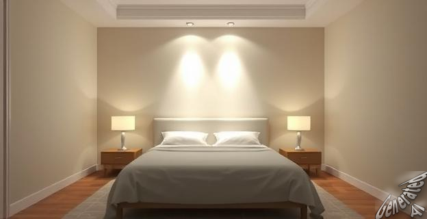 Una habitación con una cama situada frente a la puerta de acceso, con iluminación indirecta sobre el cabecero y puntos de luz en mesitas de noche.