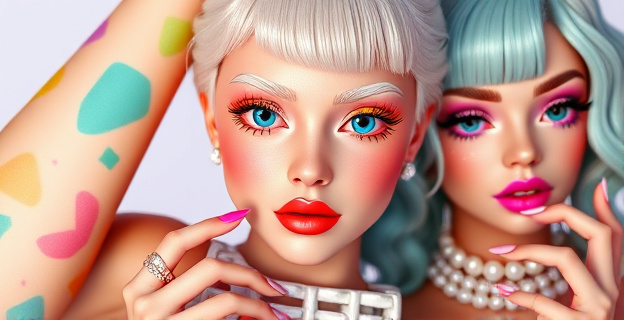 Una imagen colorida y vibrante que muestra diferentes tendencias de belleza juvenil: axilas coloreadas, cejas pobladas, cabello decolorado, uñas con efecto carey y milky nail, ojos con sombras brillantes y strass, y perlas en el rostro.