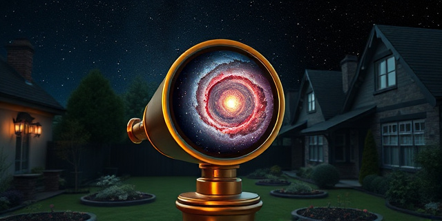Una ilustración conceptual de un telescopio antiguo de latón en un jardín suburbano, donde la lente del telescopio actúa como un portal que revela una galaxia espiral vibrante y nebulosas coloridas en contraste con un cielo nocturno oscuro y estrellado, estilo arte digital detallado y surrealista.