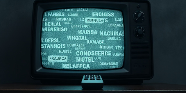 Una televisión antigua con una señal estática y múltiples idiomas superpuestos en la pantalla, como si estuvieran luchando por hacerse oír. Los colores son apagados y grises, con un único foco de luz brillante que ilumina un mando a distancia roto en primer plano. Estilo pictórico expresionista.