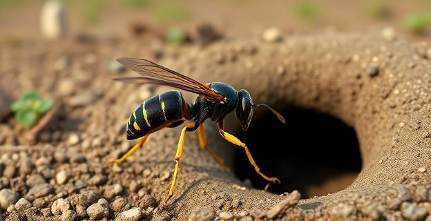 Una avispa grande y oscura con franja naranja en el abdomen y patas amarillas volando cerca de un nido subterráneo en un campo rural de Galicia