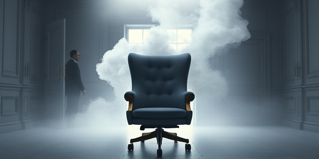 Una ilustración conceptual de estilo editorial. Una silla de oficina lujosa y vacía en el centro de un despacho gubernamental gris y frío. De la silla emana un humo denso que forma la silueta de un rompecabezas incompleto. Al fondo, una puerta entreabierta con sombras de personas susurrando. Colores contrastados, atmósfera de misterio y tensión burocrática.