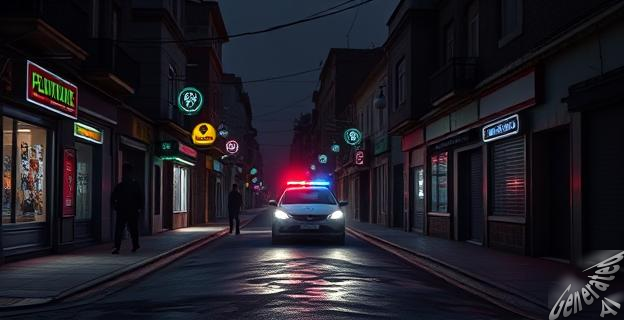 Imagen de una calle oscura y desierta en un barrio conflictivo de una ciudad española, con luces de neón de establecimientos y algunos transeúntes apresurados. En el fondo, un coche de policía iluminado.