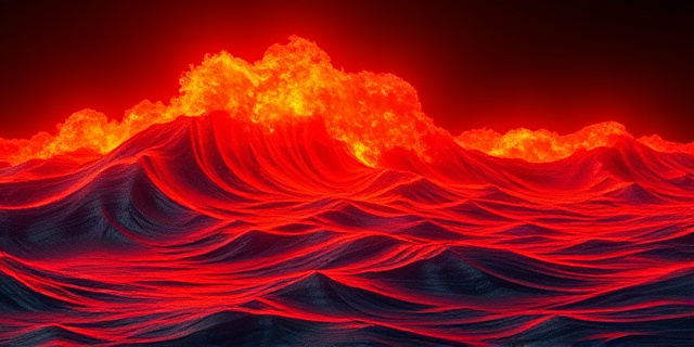 Representación abstracta de una ola gigante de calor bajo el océano, con colores cálidos y rojos intensos contrastando con azules oscuros. Estilo pictórico, con pinceladas gruesas y texturas que transmitan la inmensidad y la fuerza del fenómeno.  Sin elementos figurativos, solo la representación de la energía y el movimiento del agua. Iluminación dramática.