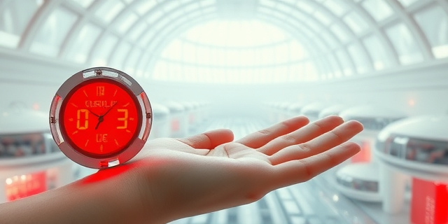 Una ilustración cinematográfica estilo retro-futurista de los años 70. Una ciudad utópica blanca y brillante bajo una cúpula de cristal, con cápsulas de transporte transparentes. En primer plano, un reloj digital incrustado en la palma de una mano humana brillando en color rojo intenso, simbolizando el tiempo agotado. Estética de colores saturados, paleta Metrocolor, con un aire de nostalgia disco y distopía elegante.