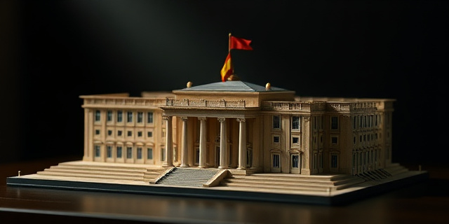 Una maqueta arquitectónica del Congreso de los Diputados, construida con piezas de dominó que están a punto de caer, simbolizando la fragilidad de los pactos y la inestabilidad política. Iluminación dramática, con sombras profundas y colores apagados. Estilo pictórico, hiperrealista.