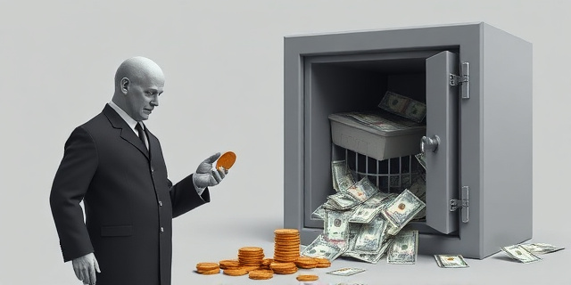 Una ilustración conceptual y satírica. Un funcionario gris y anónimo devolviendo una moneda pequeña a un ciudadano, mientras detrás del funcionario hay una caja fuerte gigante llena de billetes que pertenecen al ciudadano. Estilo editorial de revista económica, colores contrastados, metáfora de 