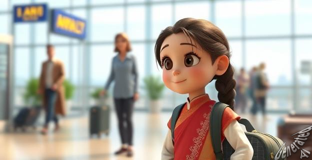Una niña de 5 años con trenza y ropa tradicional ayuda a sus padres en un aeropuerto