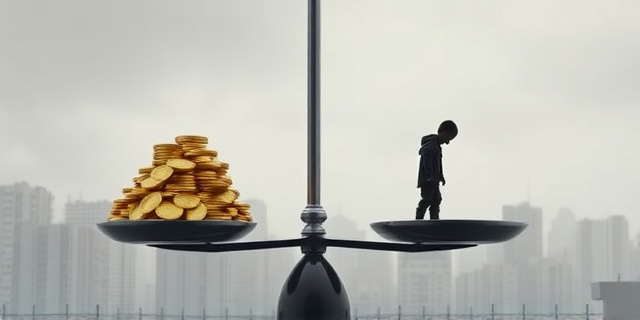 Una imagen conceptual que represente una balanza desequilibrada. En un plato, una montaña de monedas doradas y brillantes que simbolizan el crecimiento económico. En el otro plato, una figura infantil sombría y solitaria, envuelta en sombras. El fondo debe ser un paisaje urbano desolado con edificios grises y apagados. El estilo artístico debe ser realista con un toque melancólico y dramático.