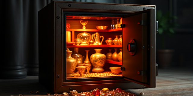 Una caja fuerte antigua, ligeramente oxidada, abierta, revelando un interior oscuro y brillante con destellos de joyas. El fondo es borroso, sugiriendo un despacho elegante pero descuidado. La iluminación es dramática, con sombras profundas y un foco de luz sobre las joyas. Estilo pictórico, óleo sobre lienzo, colores oscuros y ricos.