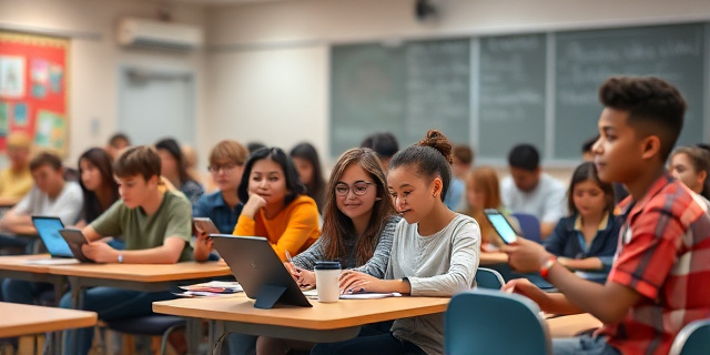 Un grupo de jóvenes sentados en un aula con dispositivos digitales, mientras un profesor intenta captar su atención
