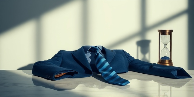 Un bodegón conceptual con un traje azul impecable, una corbata desatada sobre una mesa de mármol, un reloj de arena que se vacía y sombras que sugieren figuras distorsionadas en el fondo. Estilo hiperrealista, iluminación dramática, paleta de colores fríos y contrastados.