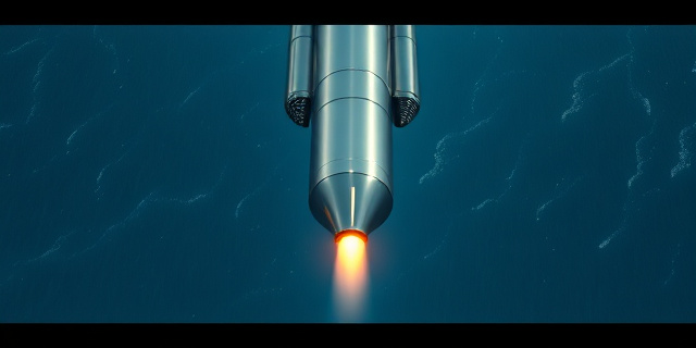 Una ilustración conceptual de un cohete colosal de acero inoxidable descendiendo hacia un océano azul profundo, con un pequeño incendio naranja brillante en la punta de la nariz, estilo arte digital cinematográfico, contraste entre la escala masiva de la máquina y la inmensidad del mar, atmósfera de triunfo tecnológico.