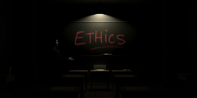 Ilustración digital en estilo noir. Una sombra con forma de uniforme de Guardia Civil proyectada sobre un aula vacía. En la pizarra, la palabra 