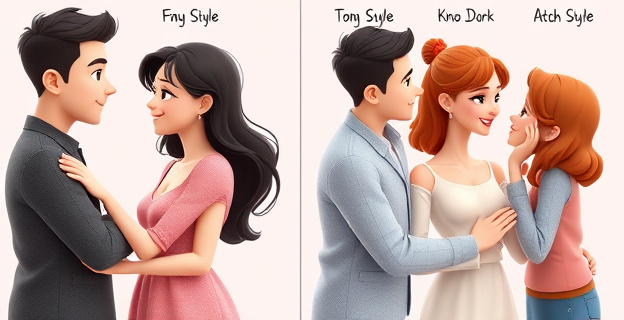 Una representación visual de diferentes tipos de apego en parejas, mostrando cómo interactúan y se relacionan entre sí, con expresiones faciales y lenguaje corporal que reflejen su estado emocional.