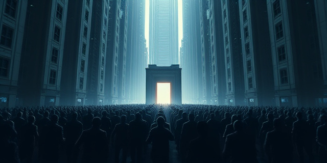 Una ciudad futurista y distópica, edificios altos y grises, con una multitud de siluetas humanas luchando por alcanzar una única puerta brillante. Ambiente opresivo y competitivo. Colores predominantes: gris, azul oscuro, un toque de neón.