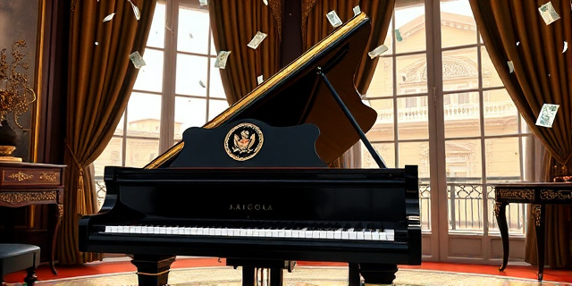 Una ilustración satírica de un piano de cola negro y lujoso situado dentro de un despacho presidencial opulento. Sobre el teclado del piano, hay un fajo de billetes y un sello oficial del gobierno. Al fondo, una ventana que muestra la arquitectura del Palacio de la Moncloa bajo una lluvia de papeles judiciales. Estilo editorial de revista, colores contrastados, atmósfera de ironía y poder.