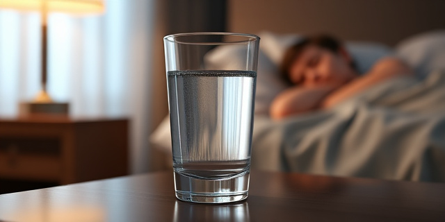 Un vaso de agua sobre una mesilla de noche, con una persona durmiendo en el fondo