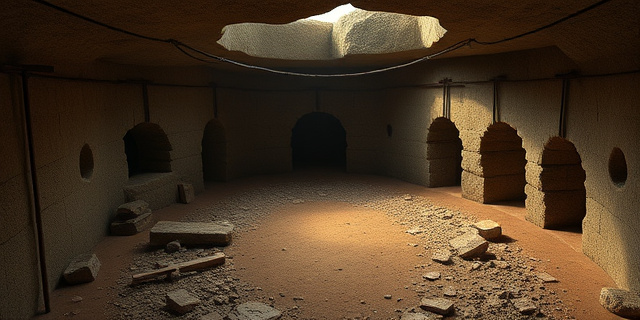 Una cisterna antigua bajo tierra, con restos de pequeños huesos y objetos funerarios como cuentas de vidrio, metales y cerámicas, rodeada de ruinas de un antiguo asentamiento, luz tenue filtrando a través de grietas y polvo que evoca el eco de voces lejanas.