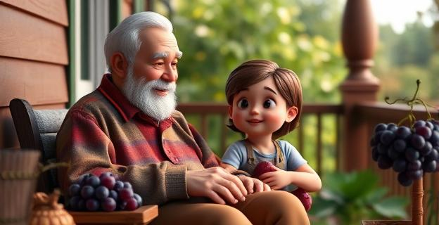 Una escena cálida de un abuelo y un nieto compartiendo un momento juntos, sentados en un porche con uvas, rodeados de naturaleza y con una atmósfera de tranquilidad y conexión emocional