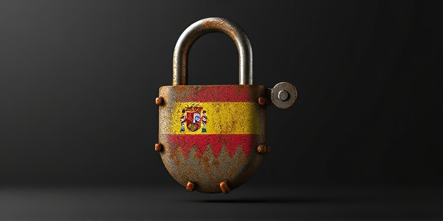 Una ilustración conceptual y satírica. Un candado gigante de metal oxidado que protege un mapa de España, pero el candado tiene la forma de un chip electrónico moderno con los colores de la bandera de Estados Unidos y una pequeña llave invisible que se escapa hacia el horizonte. Estilo editorial de revista política, fondo minimalista gris oscuro, iluminación dramática.