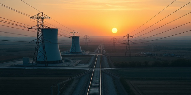 Una central nuclear en la llanura de Extremadura, con cables que se extienden como líneas de tren y una vista panorámica de la zona agrícola, todo iluminado por la luz tenue del atardecer. La escena transmite la tensión entre la tradición y la modernidad energética.