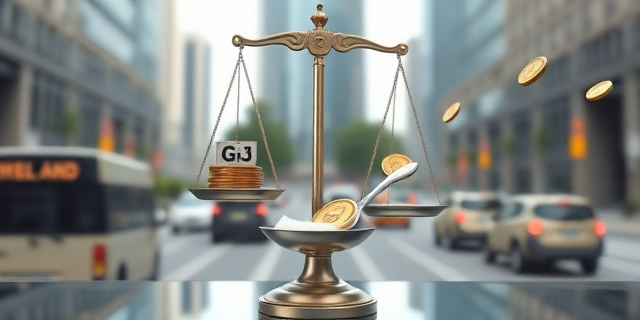 Una ilustración de una balanza que pesa un salario bruto contra una cuchara de azúcar, con monedas y fichas de impuesto flotando alrededor, ambientada en un escenario urbano con edificios de oficinas y tráfico, sin rostros humanos.