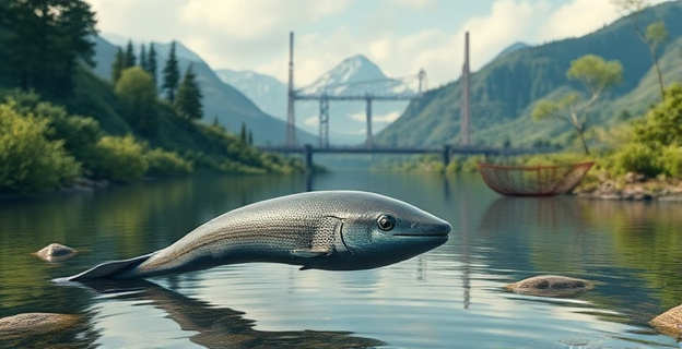 Una anguila nadando en un río rodeado de naturaleza exuberante, con una red de pesca al fondo y un paisaje industrial al fondo entre montañas