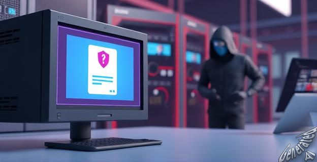 Ilustración de un servidor de computadora con una alerta de seguridad en la pantalla y un ciberataquante en el fondo