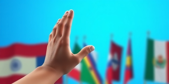 Una imagen de una mano extendida hacia una persona con un fondo de banderas de países iberoamericanos, con un tono de duda y esperanza