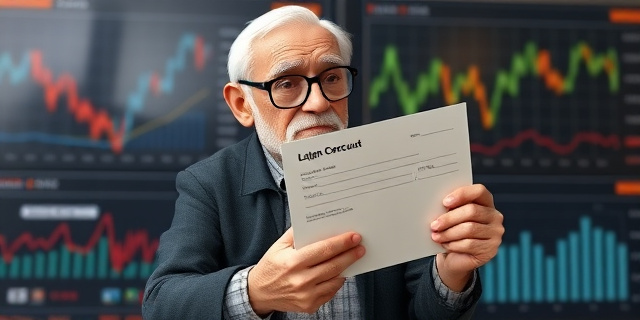 Una imagen de una persona mayor sosteniendo una carta con un cheque, con un fondo de gráficos de economía y noticias